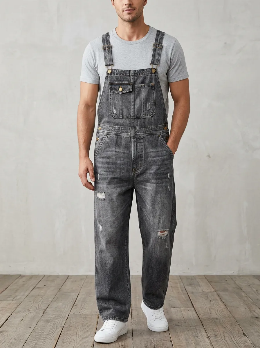 Men's Bib Distressed Washed Denim Bib Overalls