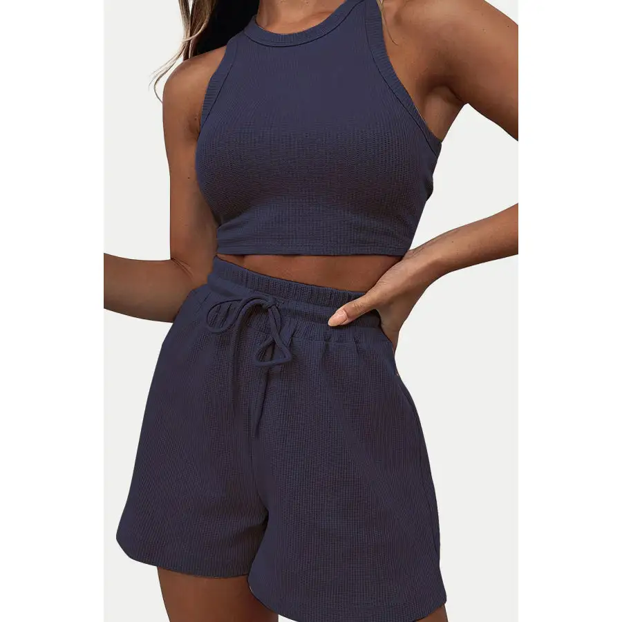 Relaxed Round Neck Top and Drawstring Shorts Set