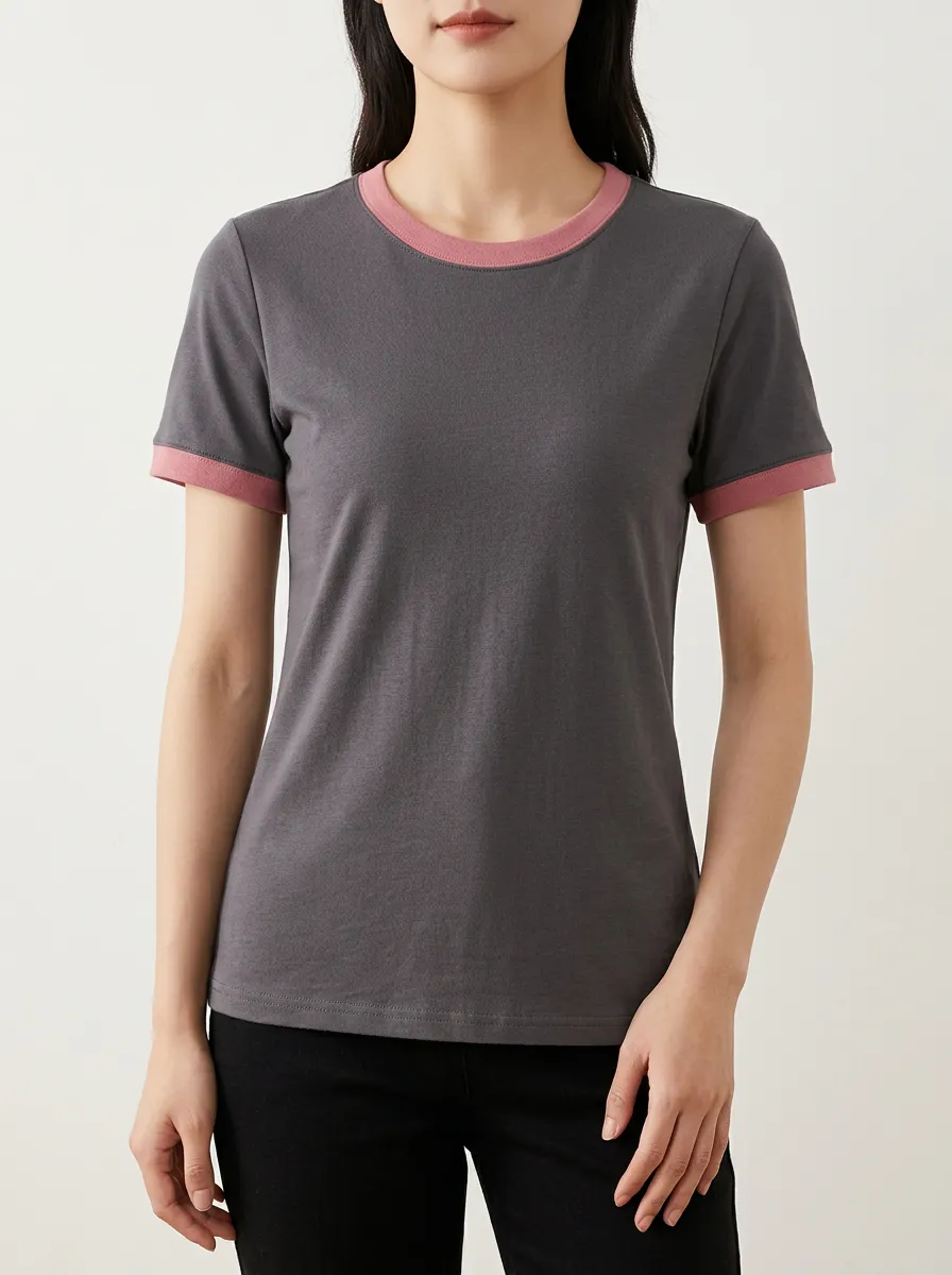 Women's Contrast-Trim Straight-Hem Crewneck Ringer T-Shirt