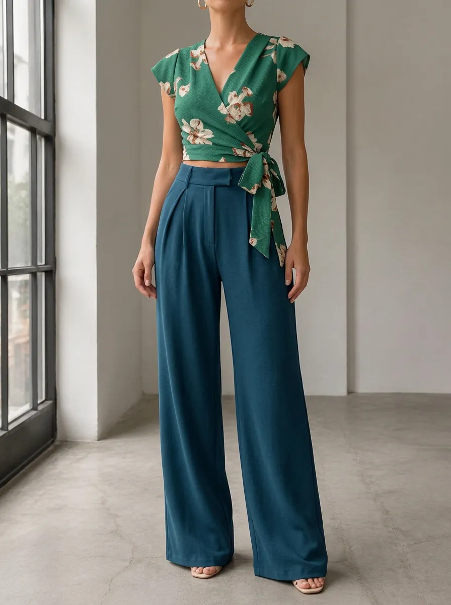 Women's Relaxed Floral Wrap V-Neck Patterned Crop Wide Leg Pants Set