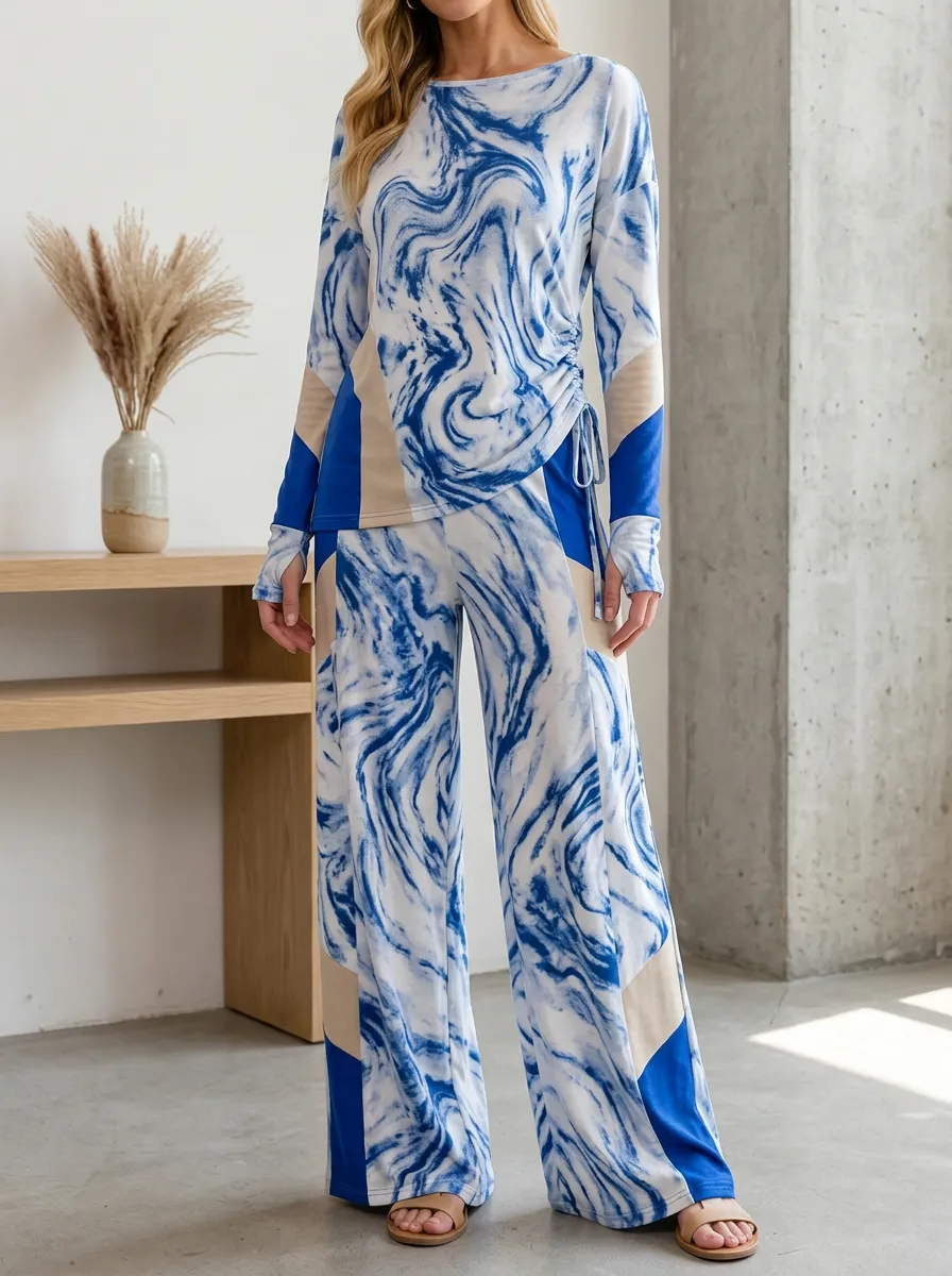 Women's Laid Back Lounge Marble Patterned Long Sleeve Wide Leg Pants Set