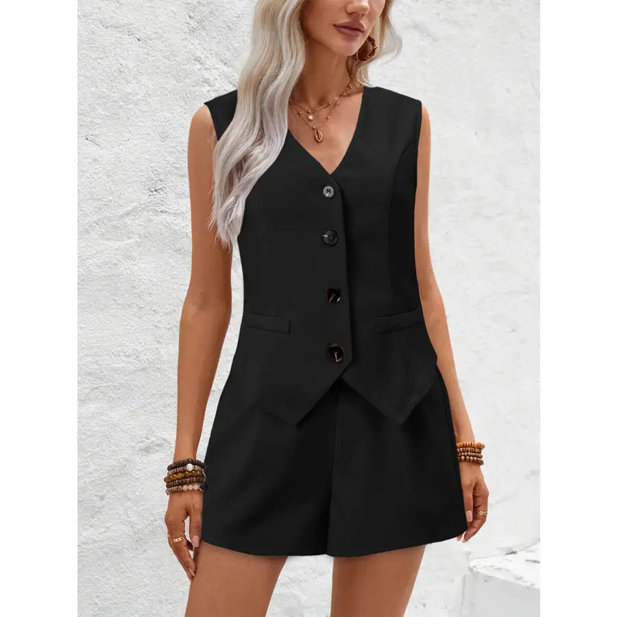 V Neck Button Down Vest and Shorts Set