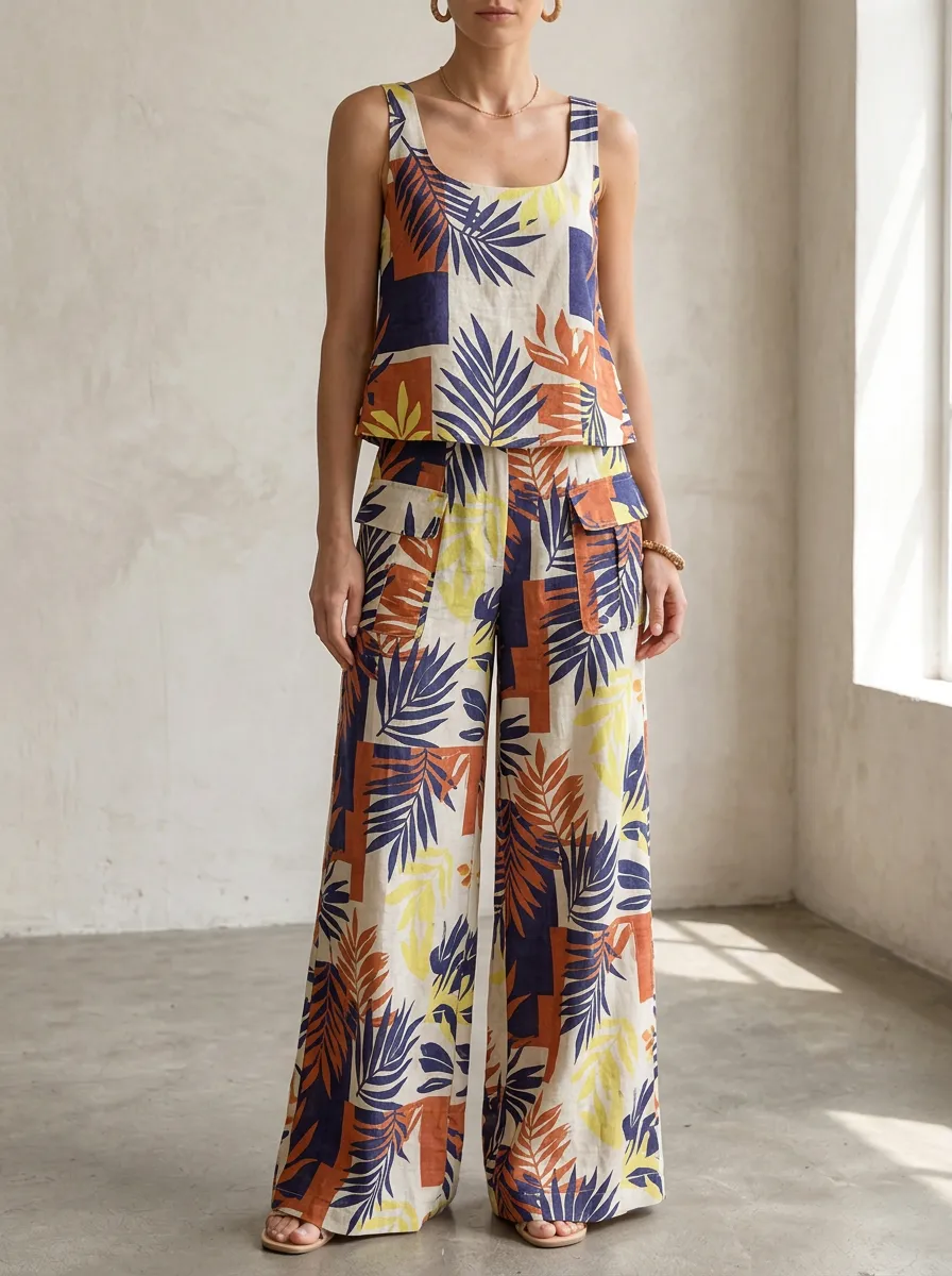 Women's Tropical Leaf Geometric Patterned Tank Wide Leg Pants Set