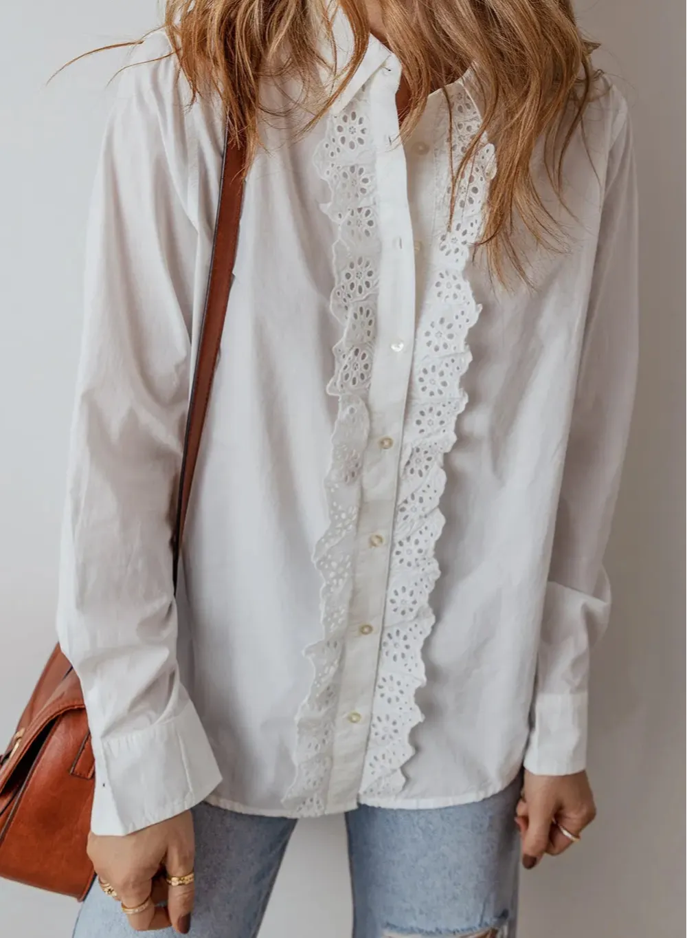 Lace Trim Collared Turn-down Collar Shirt Blouse