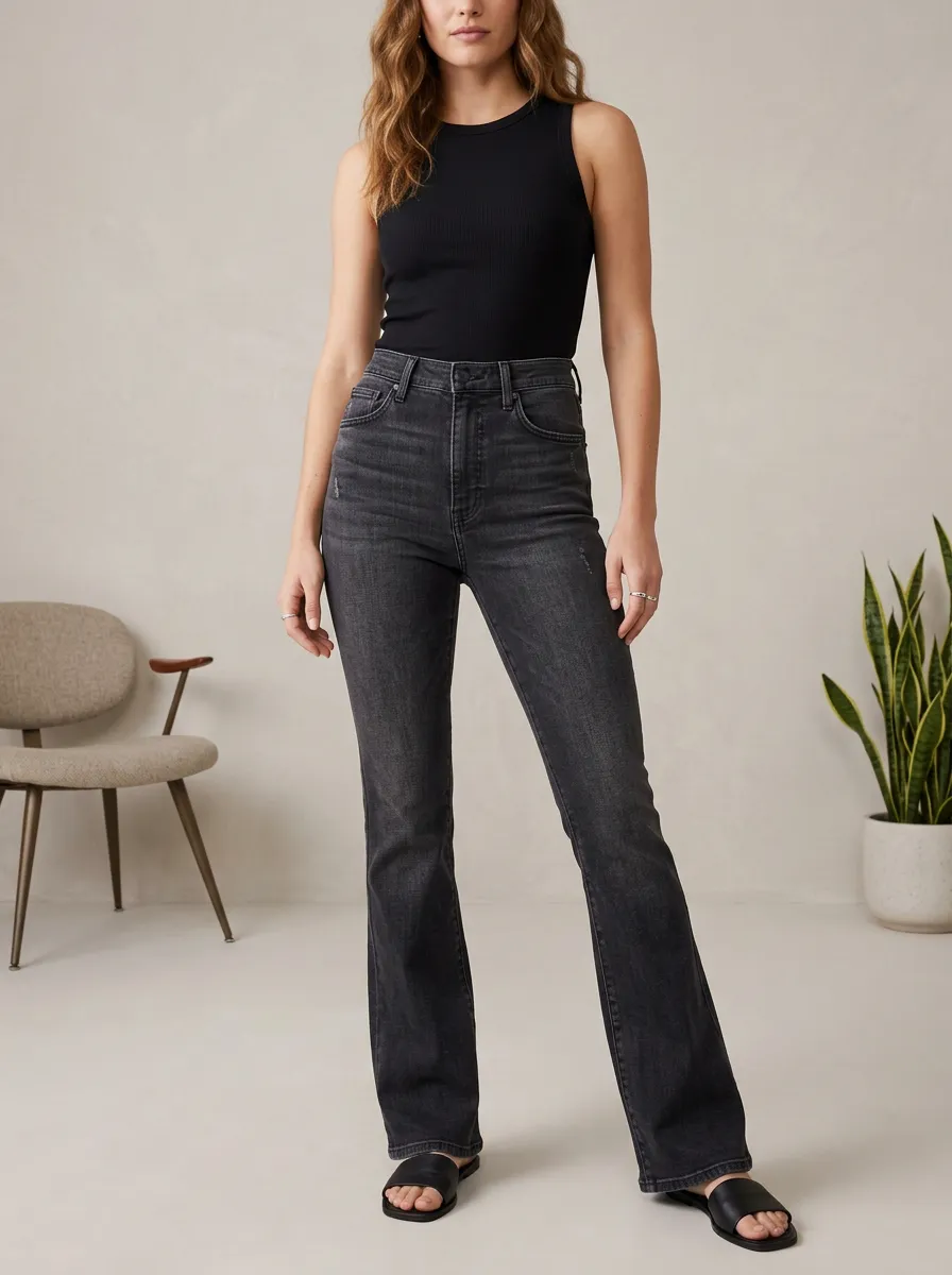 Vintage-Wash Distressed Women's High-Waist Stretch Flare Jeans