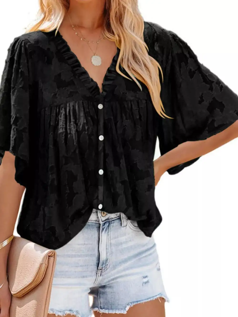 Textured V-Neck Button-Down Shirt