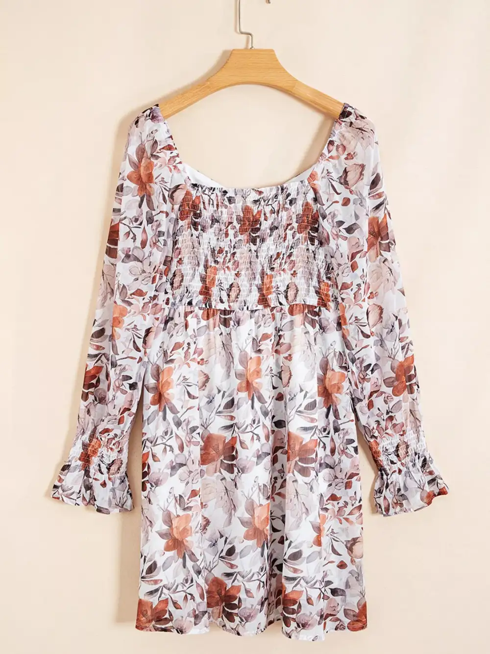 Layered Detail Floral Printed Long Sleeve Mini Dress