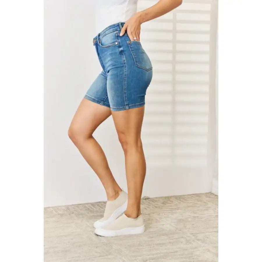 Full Size Tummy Control Double Button Bermuda Denim Shorts