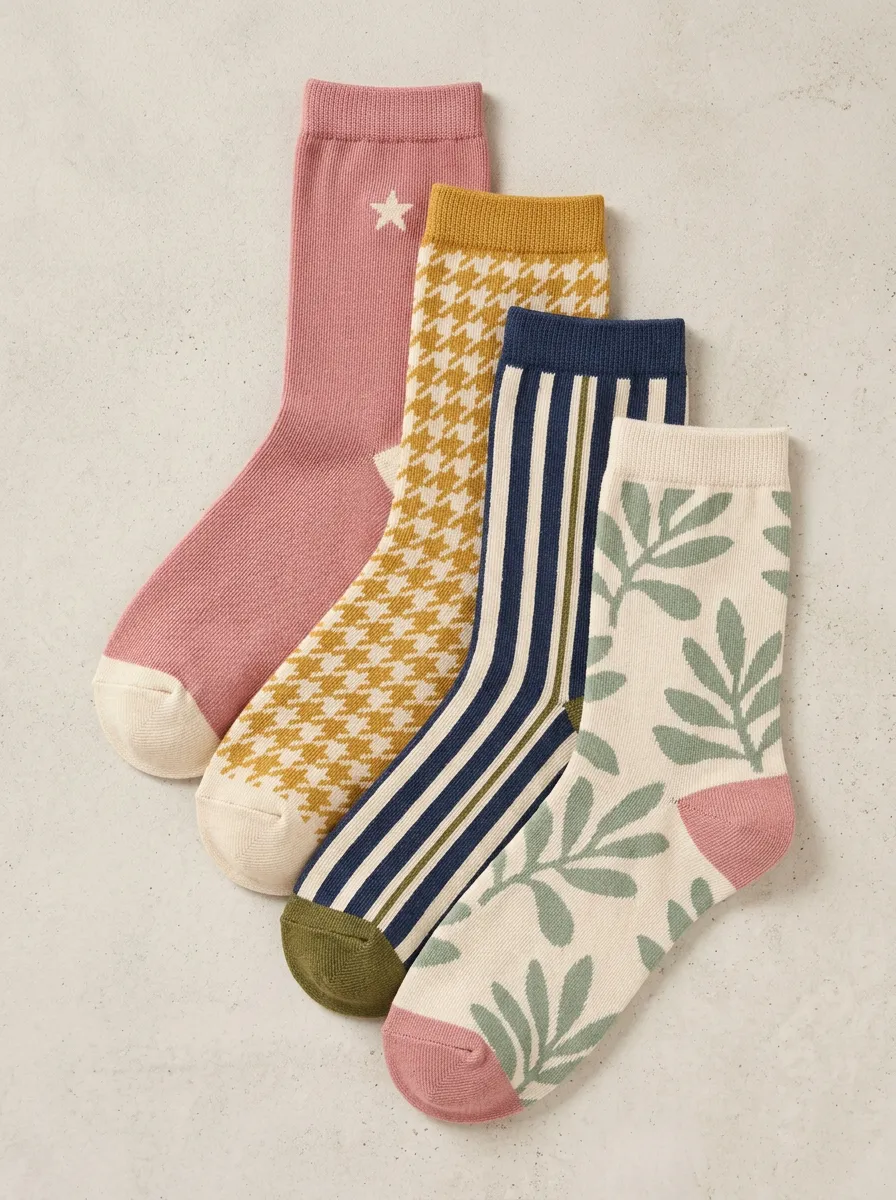 Houndstooth Leaf Striped Vintage Four-Pair Casual Socks