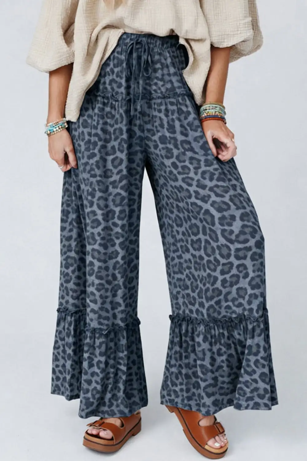 Wild Leopard Print Frilled Detail Drawstring Wide Leg Trousers