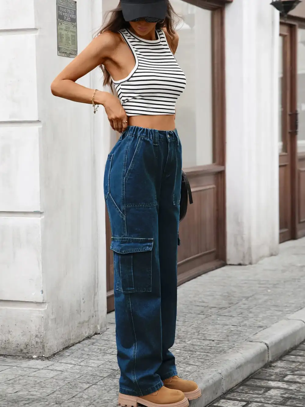 Versatile High Waist Cargo Denim Jeans