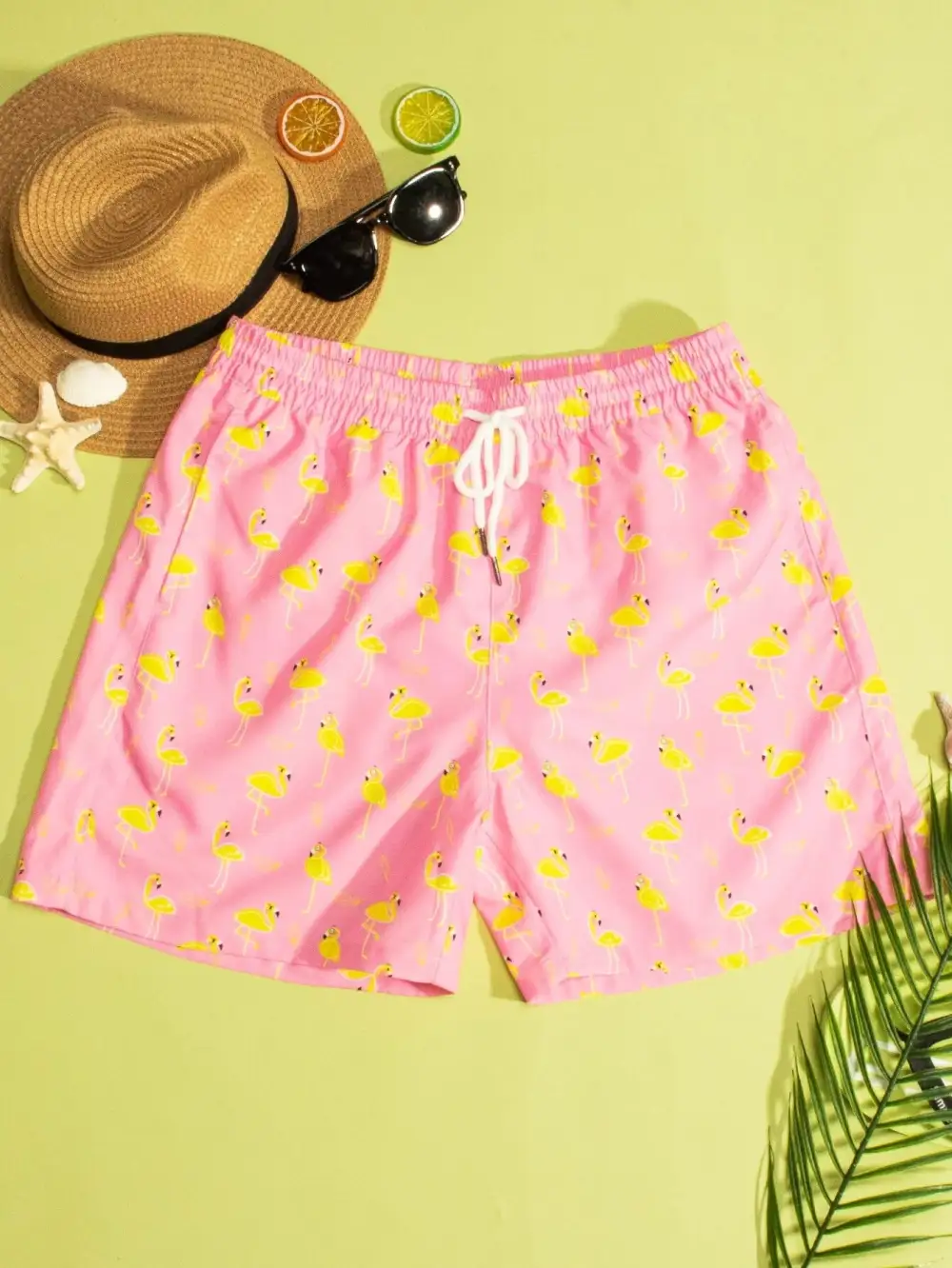 Men's Flamingo Print Drawstring Swim Trunks