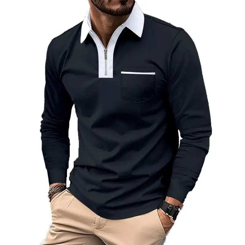 Stand Collar Chest Pocket Long Sleeve Polo Shirt