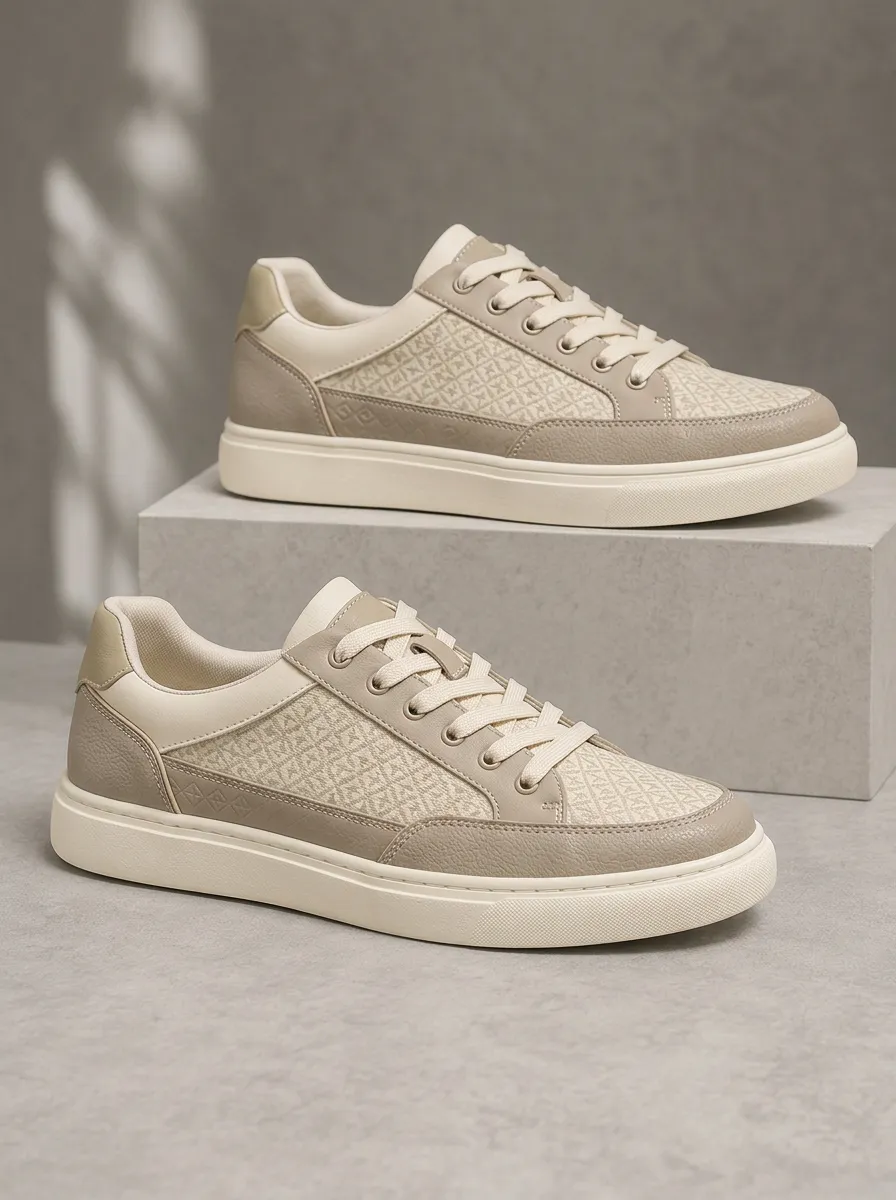 Men's Beige Geometric Pattern Printed Sneakers