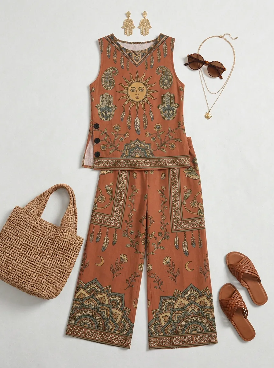 Women's Bohemian Sun Mandala Printed Sleeveless Set