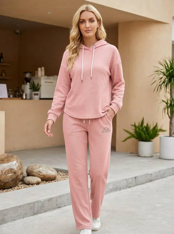 Women's Mountain Lover Minimalist Printed Waffle Knit Hoodie Set