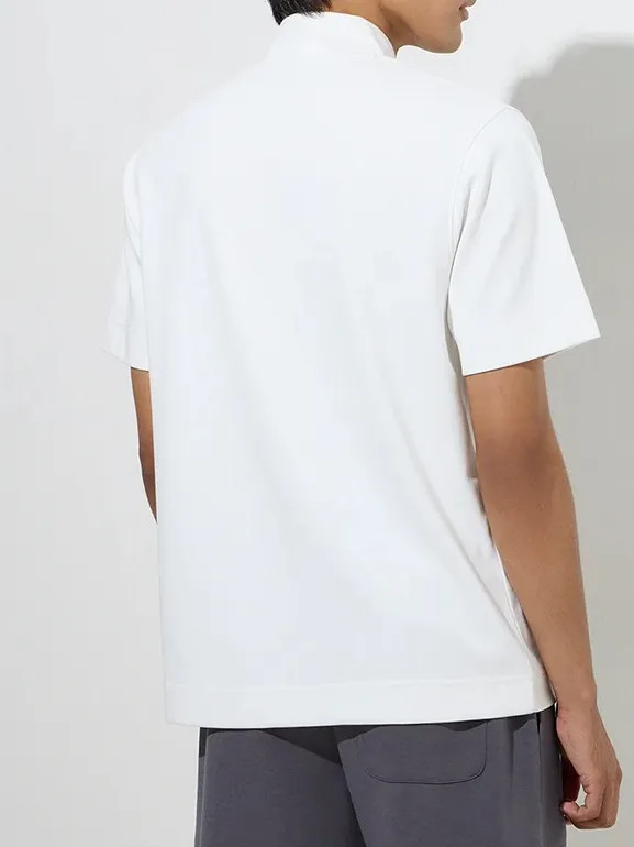 White Zip Collar Loose Cotton Blend T-Shirt