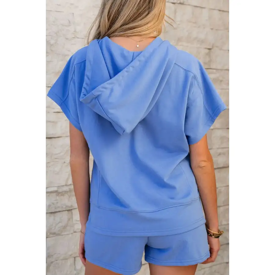Drawstring Zipped Short Sleeve Hoodie and Shorts Set
