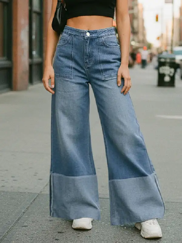 Contrast Panel High Waist Wide Leg Pocket Jeans