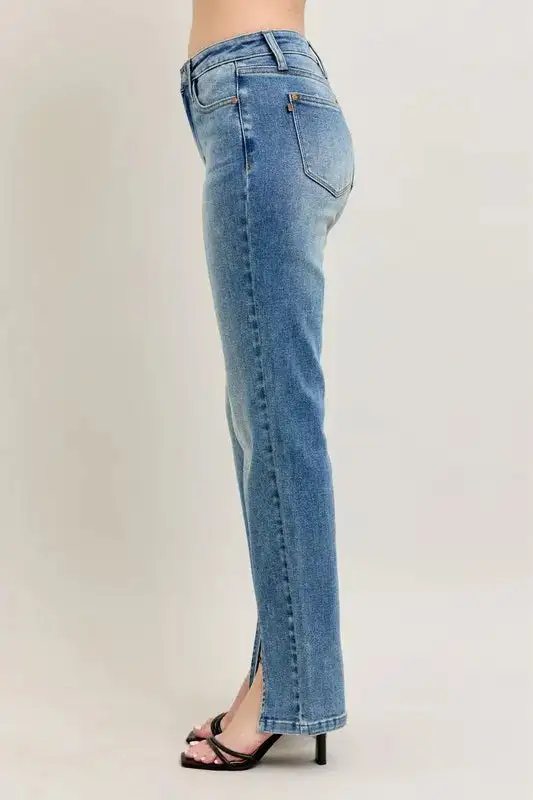 High-Waist Distressed Vintage-Wash Front-Seam Straight Leg Jeans