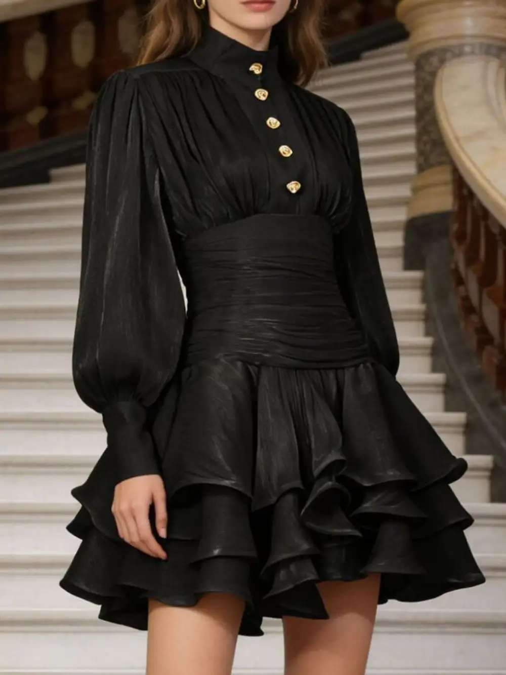 Relaxed Shape Ruffle Lantern Sleeve Mini Dress