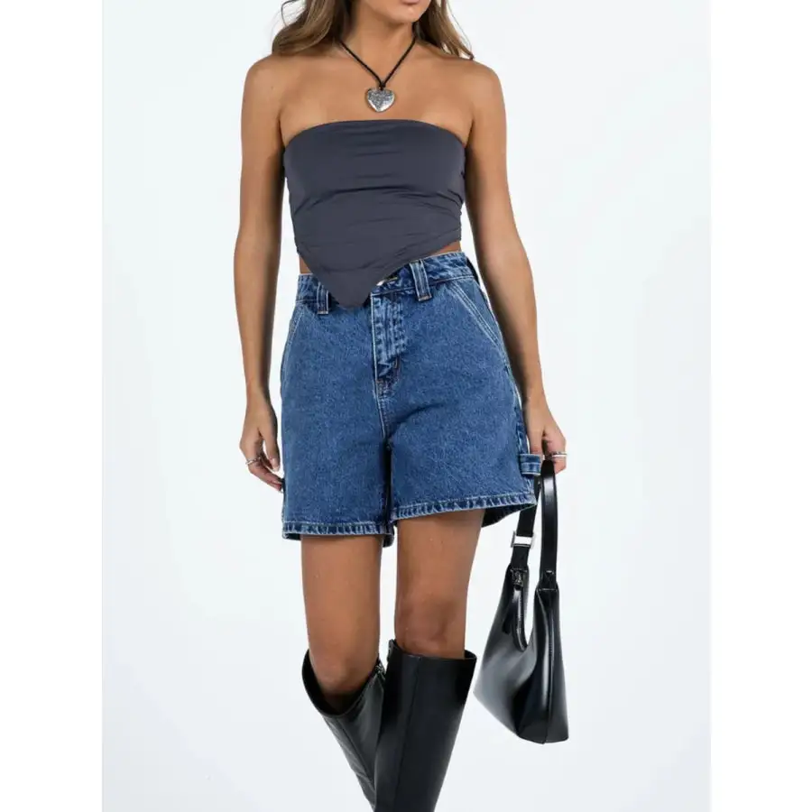 High Rise Pocketed Washed Denim Shorts