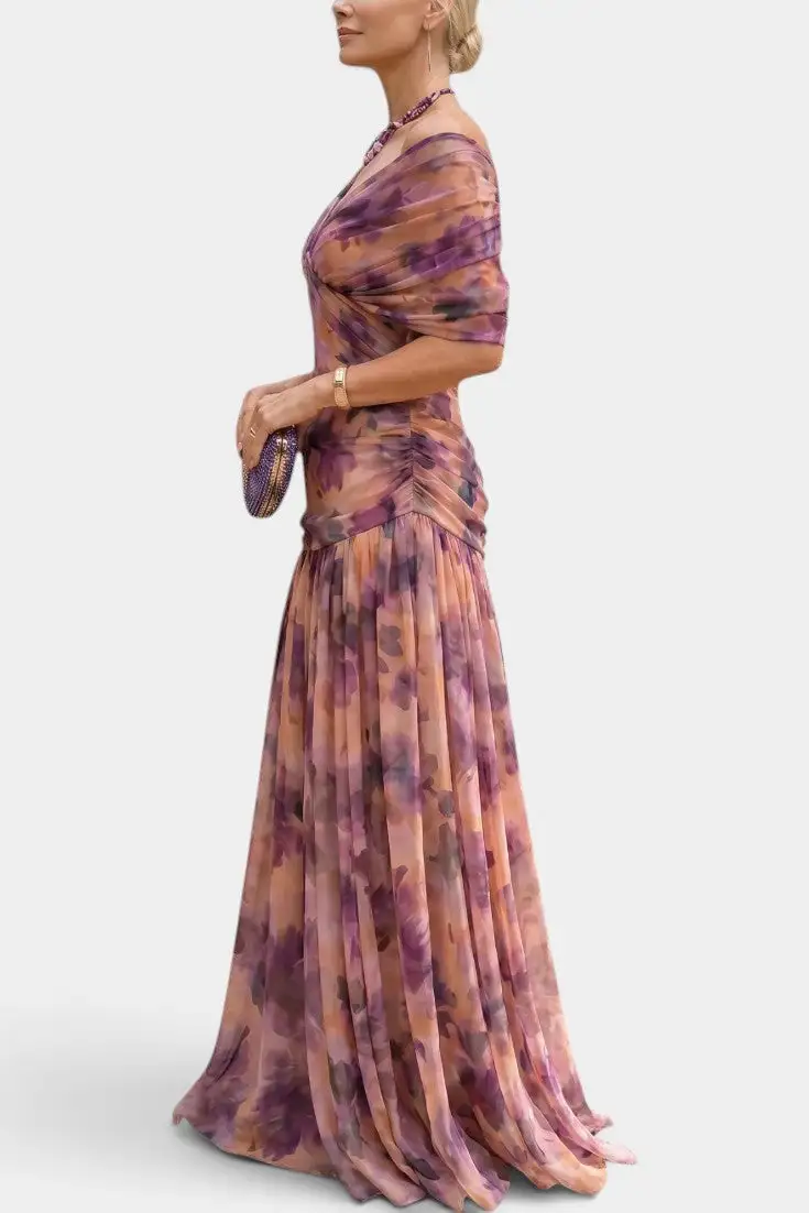 Off-Shoulder Watercolor-Print Maxi Dress