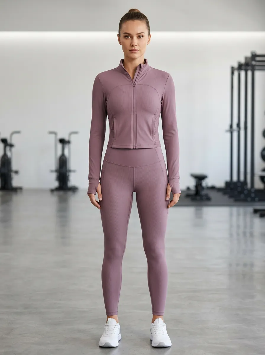 Modern Ribbed Zip Front Yoga-Inspired Refined Look Women's Sport Jacket and Leggings Set