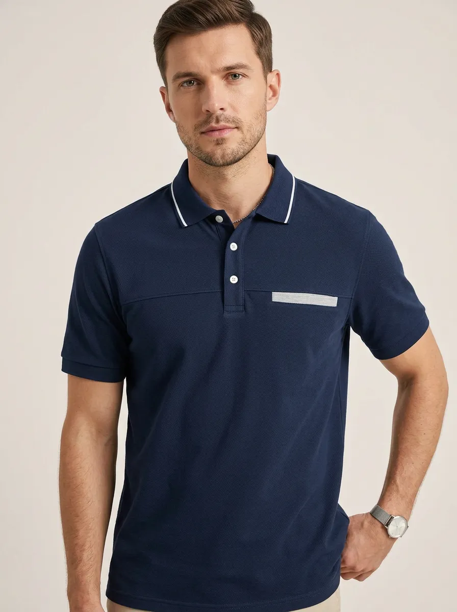 Men's Smart-Casual Contrast Trim Pocket Printed Polo Shirt