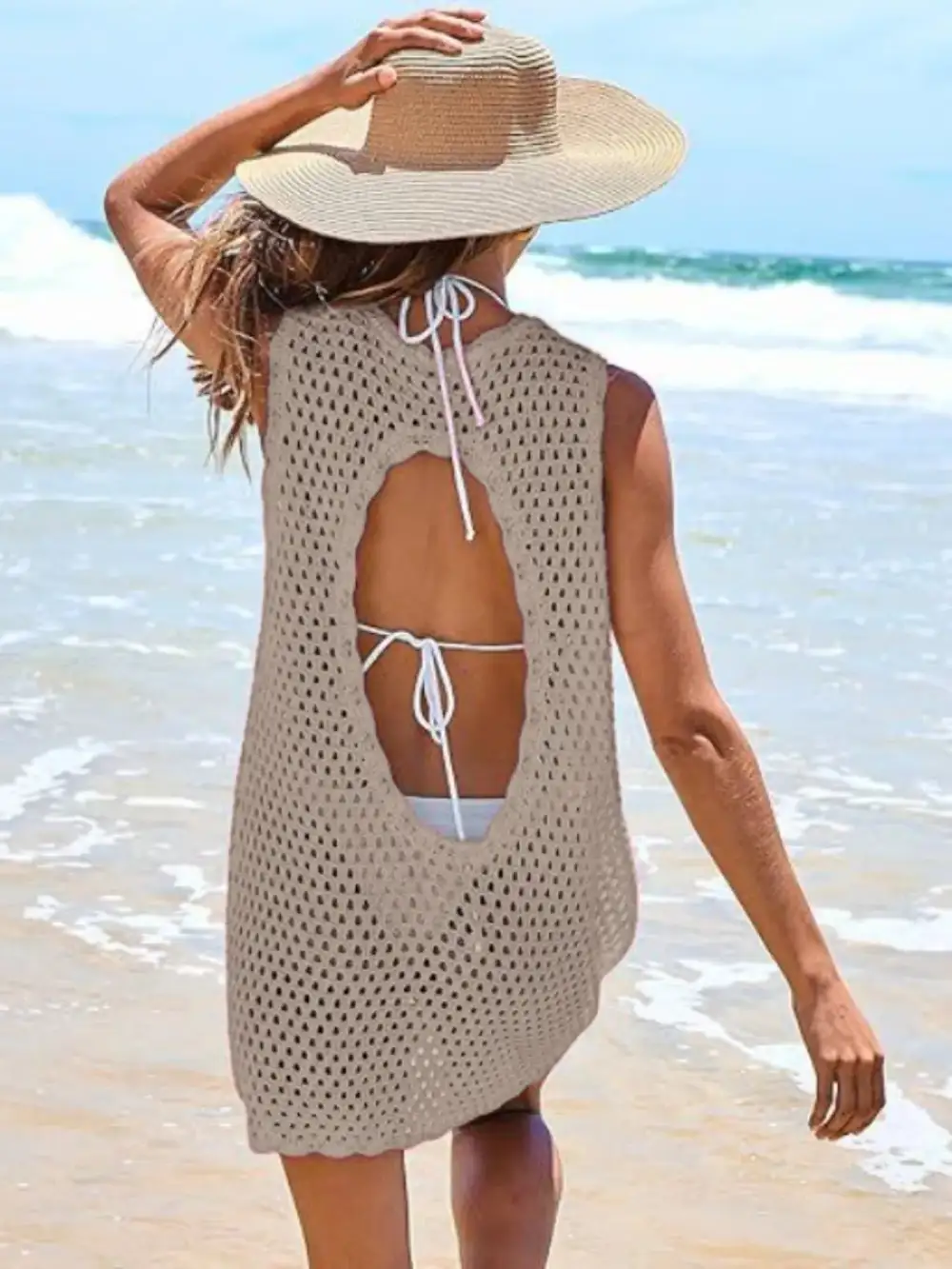 Blocked Pattern Openwork Sleeveless Panel Detail Swim Cover Up