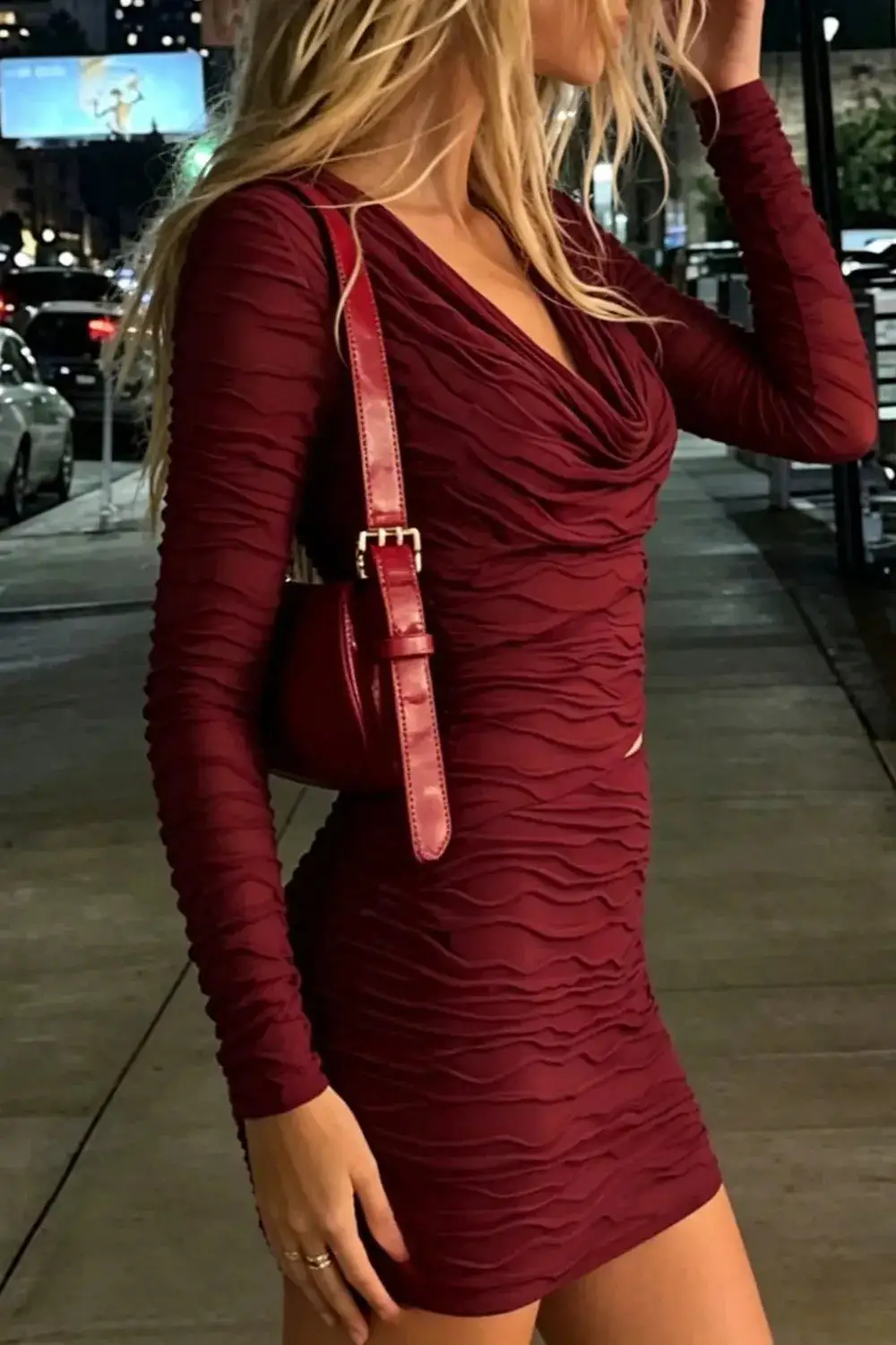 Ruched Cutout Cowl Neck Long Sleeve Mini Dress