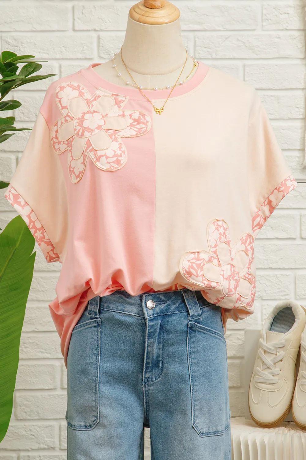 Apricot Block Flower Patched Loose Tee