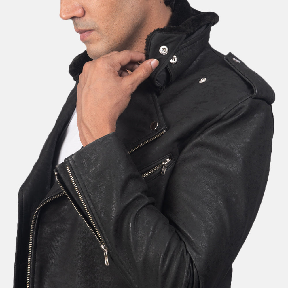 Men's Rugged Biker Leather Fur Trim Jacket