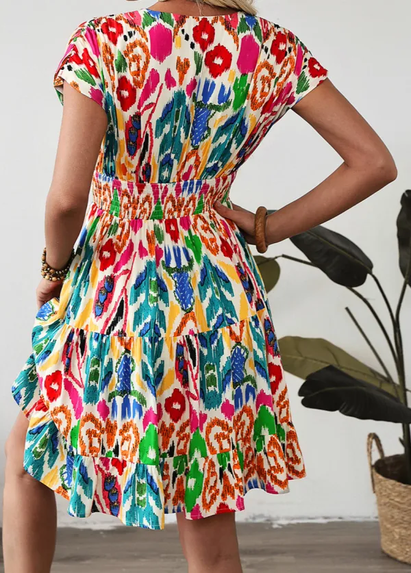 Abstract Print Ruffle Trim Tiered Mini Dress