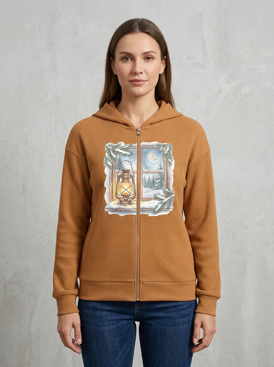 Women's Christmas Lantern Window Waffle-Knit Zip Hoodie