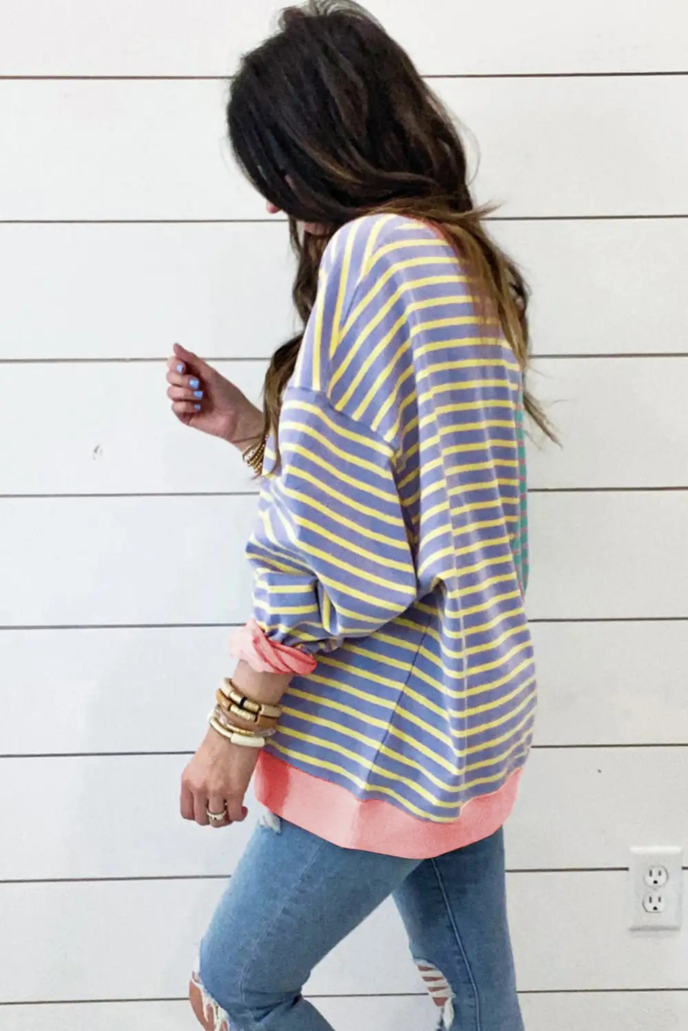 Casual Casual Stripe Color Block Drop Shoulder Oversized Sweatshirt