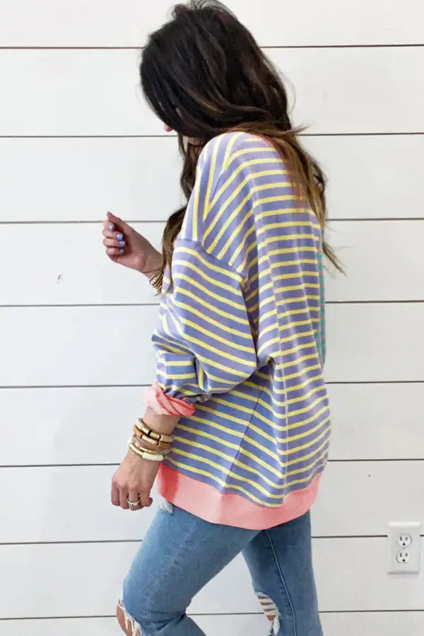 Casual Casual Stripe Color Block Drop Shoulder Oversized Sweatshirt