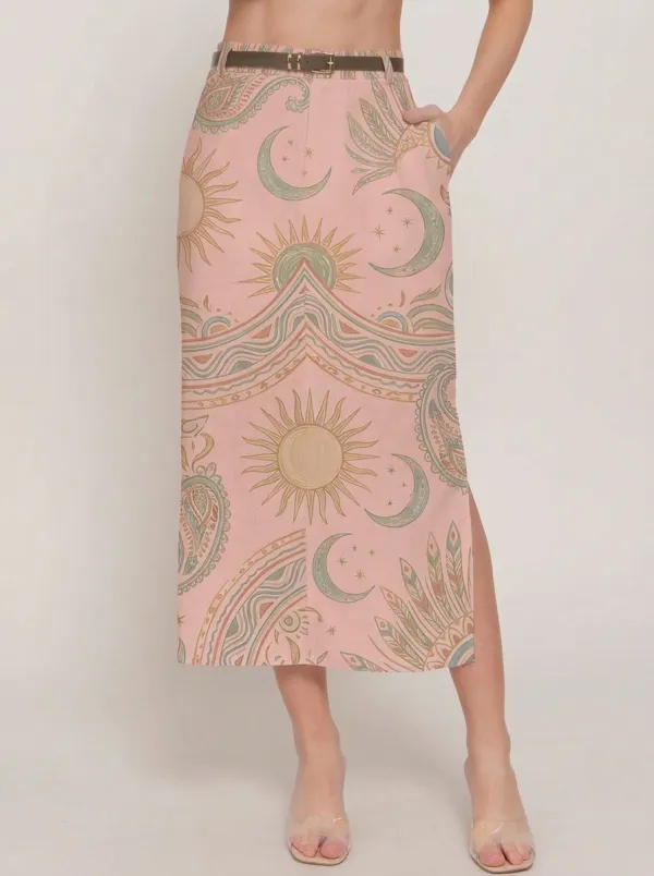 Women's Boho Celestial Sun Moon Paisley Boho Graphic Midi Skirt