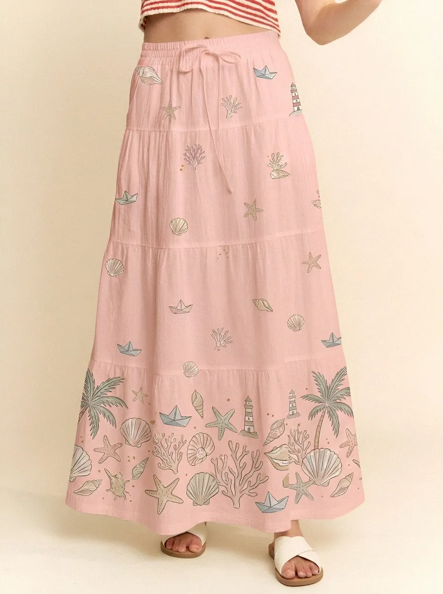 Women's Beach Lover Nautical Seashell Palm Tree Printed Maxi Skirt