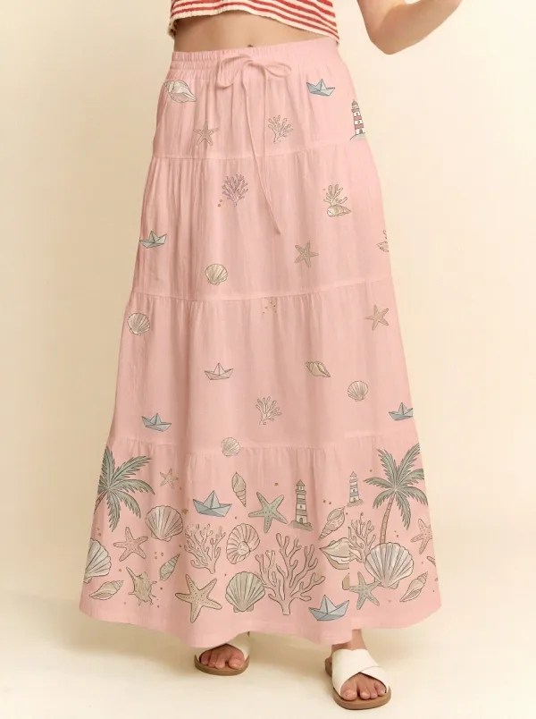 Women's Beach Lover Nautical Seashell Palm Tree Printed Maxi Skirt