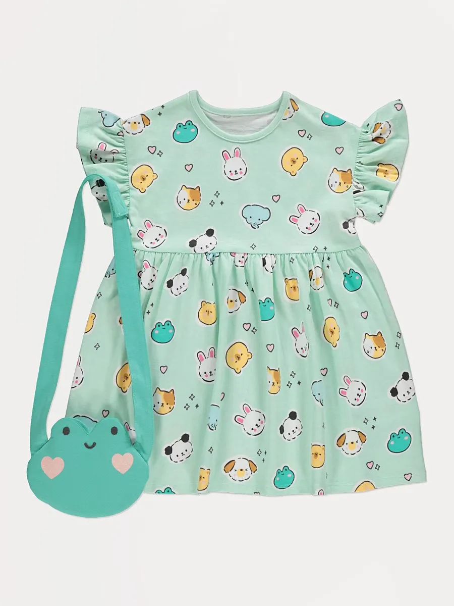 Green Cartoon Frog Frill Sleeve Dress and Bag Outfit