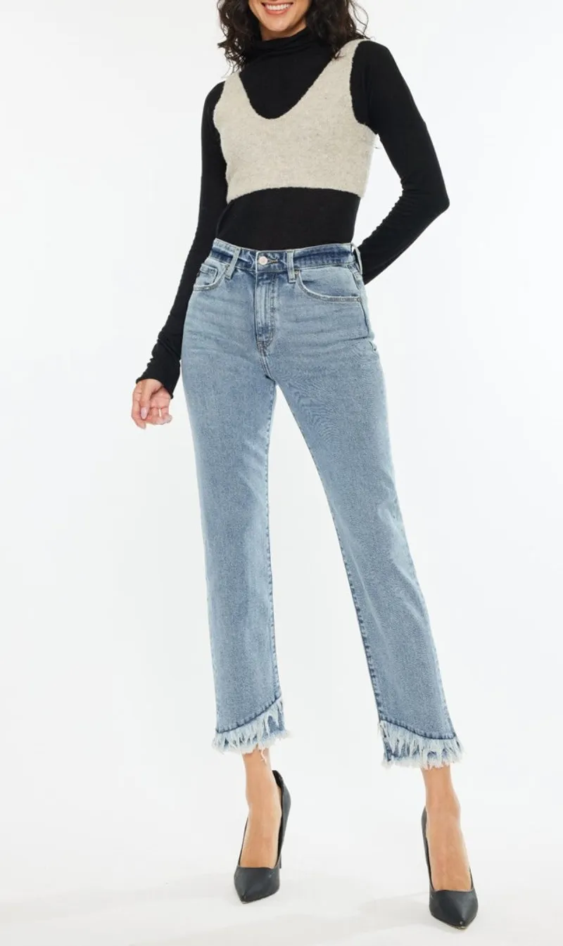 High-Rise Raw-Hem Washed Pocketed Straight Leg Jeans