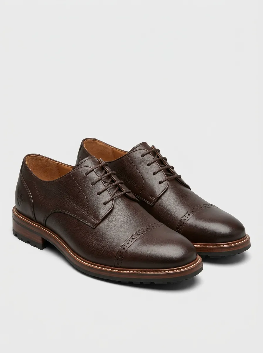 Men's Business Casual Brown Leather Cap Toe Oxford Shoes