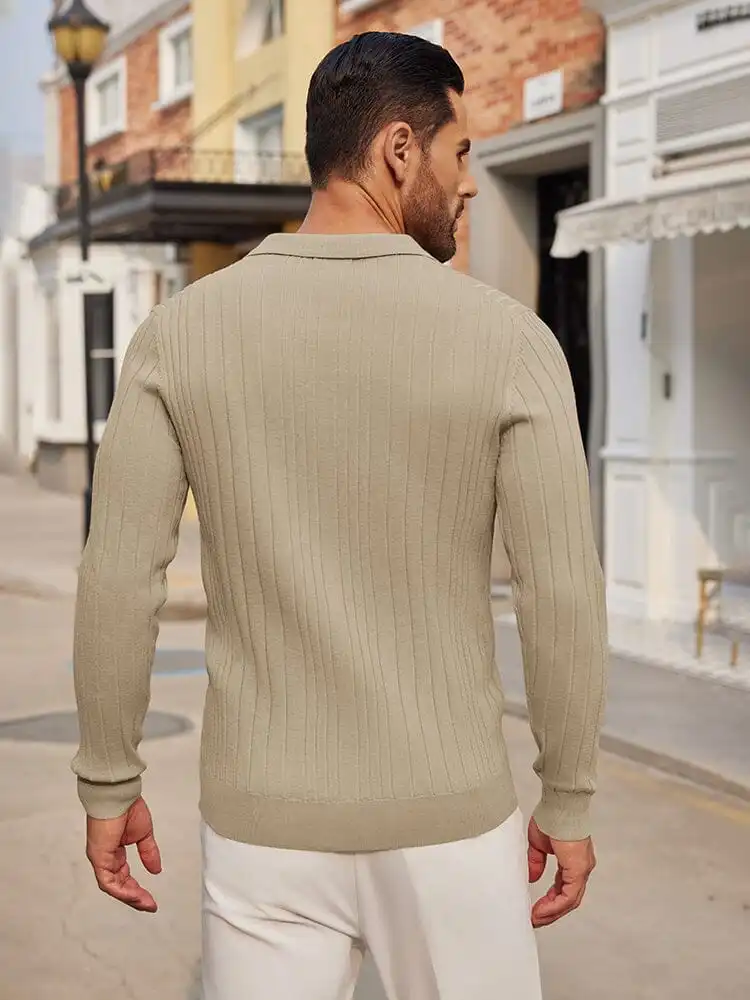 Versatile Ribbed Knit Polo Shirts Sweater