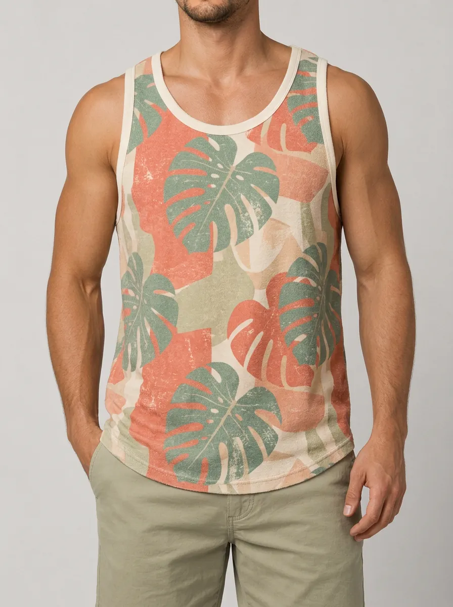 Men's Tropical Summer Monstera Leaf Printed Tank Top