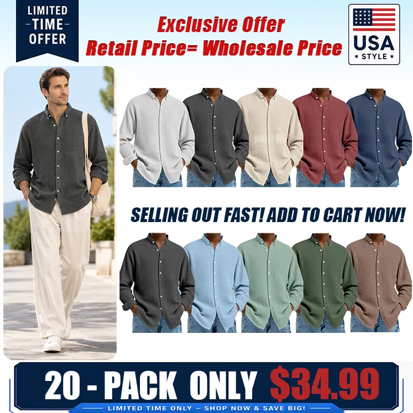 Men's Solid Color Waffle Knit Fashion Casual Long Sleeve Shirt Cardigan