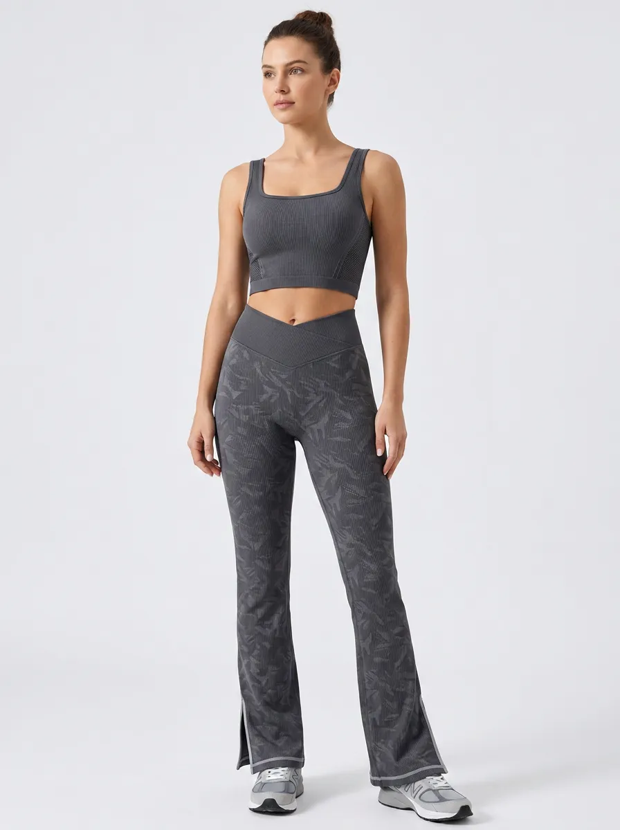 Women's Yoga Fitness Camo Printed Ribbed Crop Top Flare Leggings Set