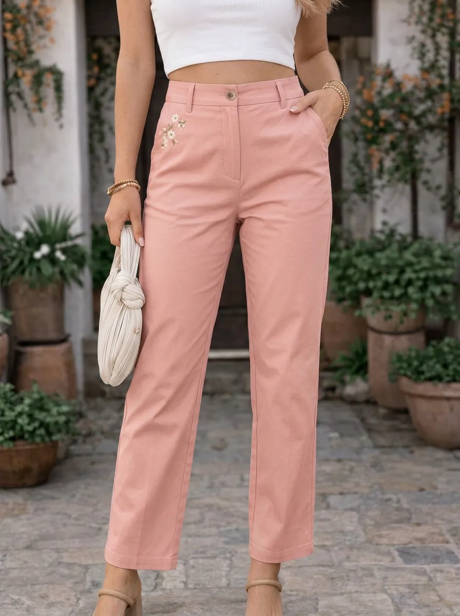 Women's Floral Embroidery Khaki Mid-Rise Straight Leg Pants