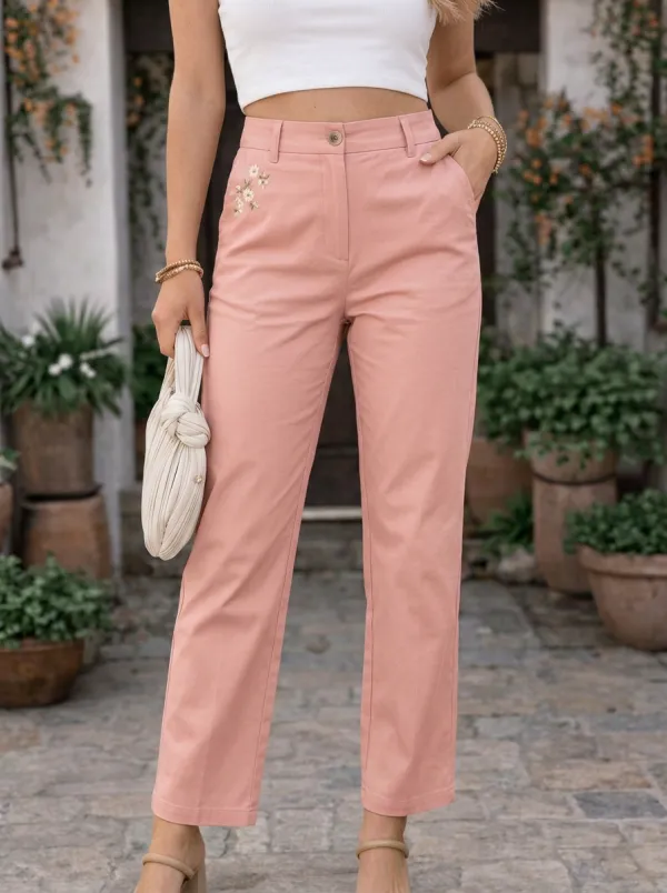 Women's Floral Embroidery Khaki Mid-Rise Straight Leg Pants