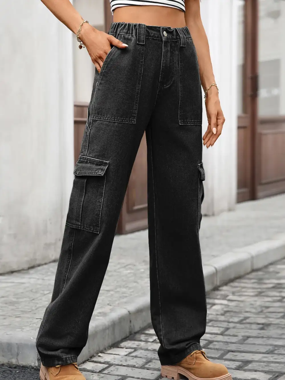 Versatile High Waist Cargo Denim Jeans